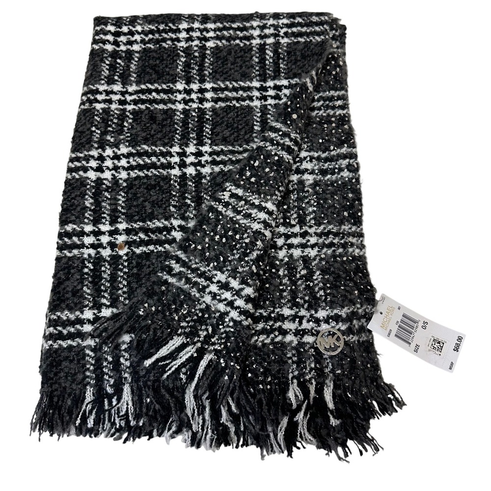 Michael Kors Womens Black White Plaid Metallic Foil Boucle Scarf 538329 O/S
